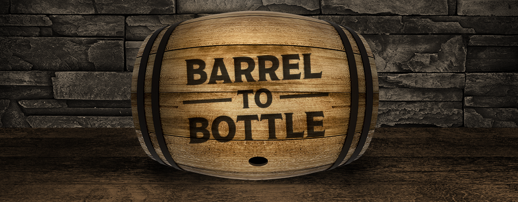 wooden barrel in a stone wall room with branded titled barrel-to-bottle