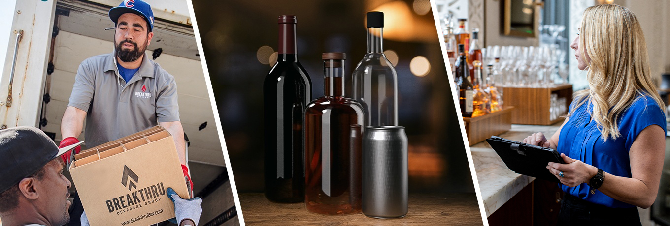 man hands a box to another man, a collection of  beverage bottles on a wood table, a sales rep using technology in an on-premise account