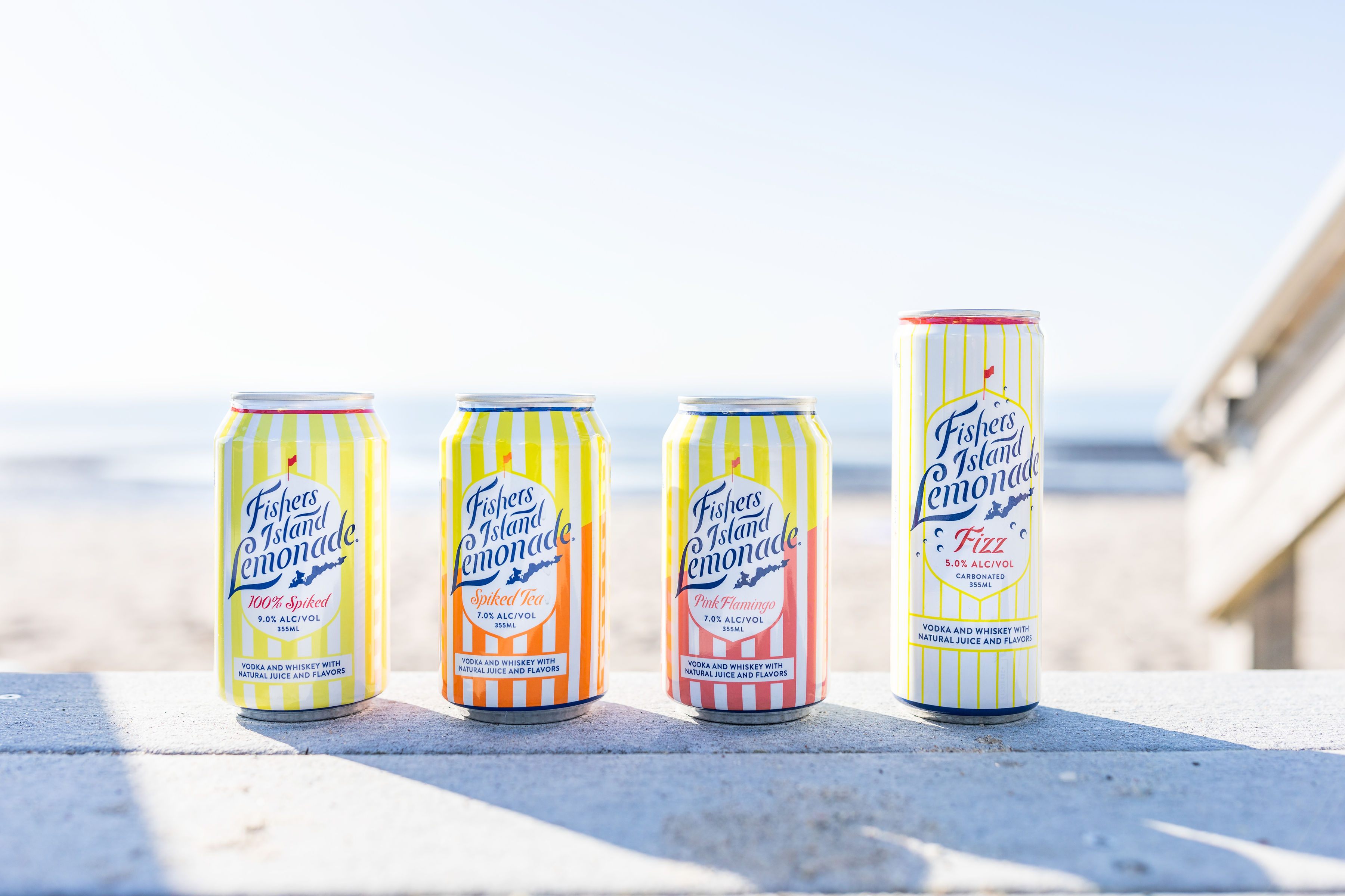 Fishers Island Lemonade product lineup at the beach