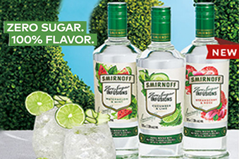 Smirnoff Zero Sugar Infusions bottles and cocktail. "Zero Sugar. 100% Flavor." 