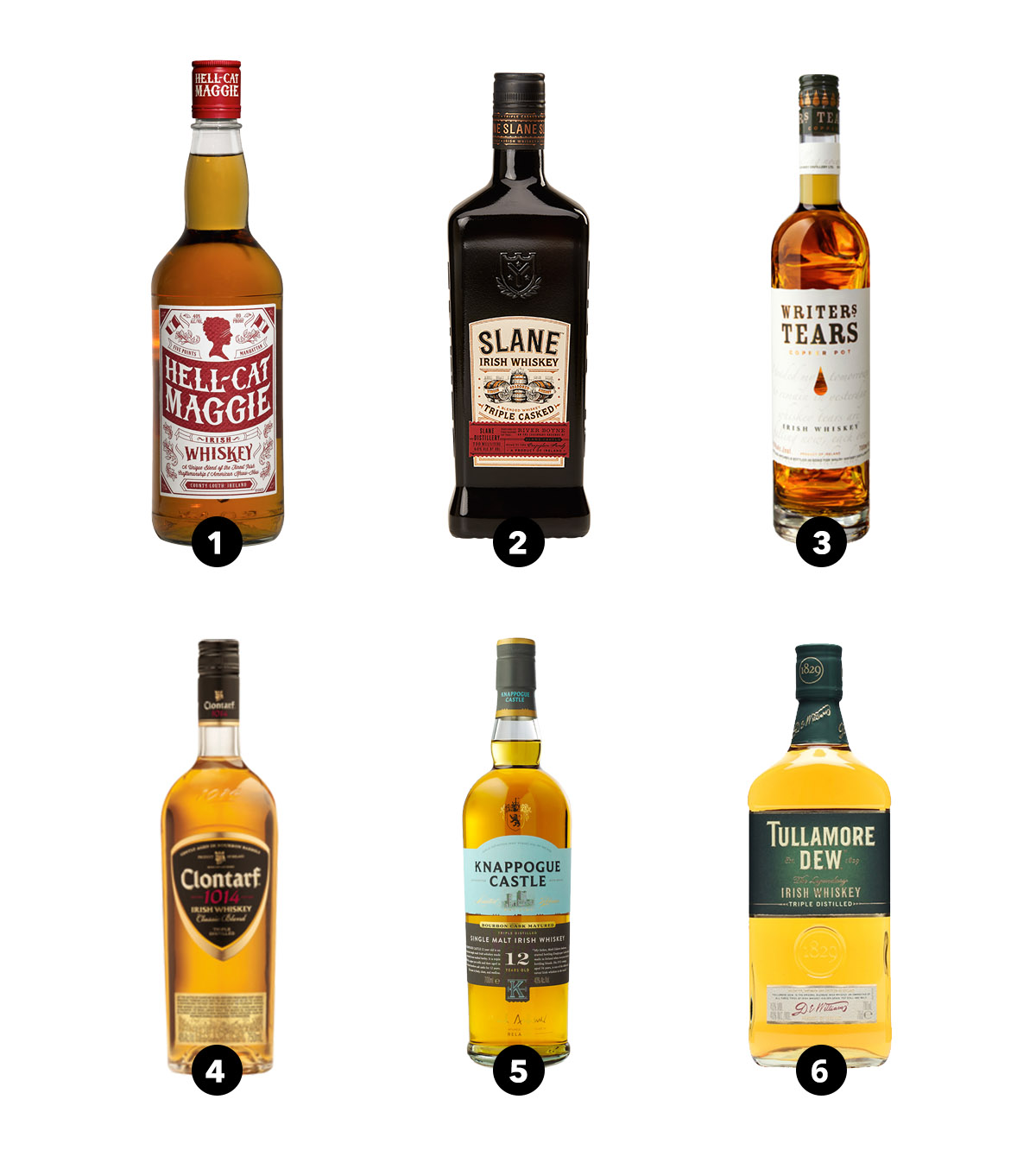 Hell-Cat Maggie, Slane, Writers' Tears, Clontarf, Knappogue Castle, Tullamore D.E.W.