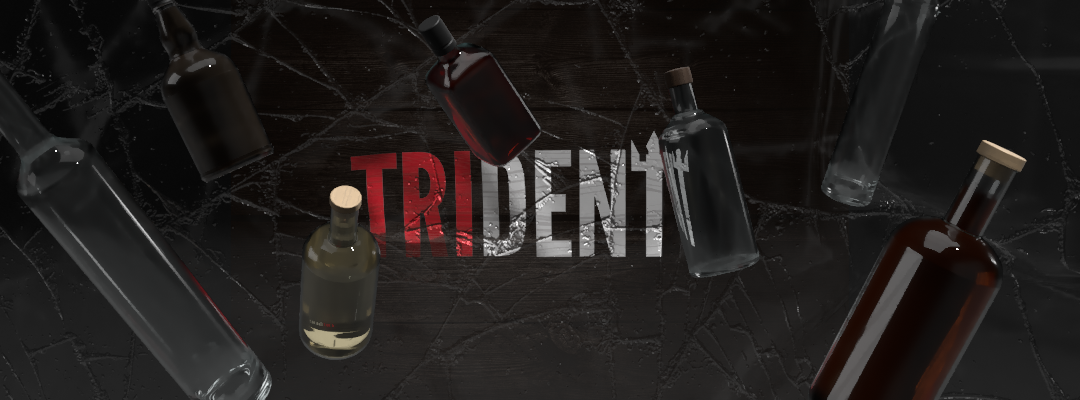 trident logo with floating 3d liquor bottles